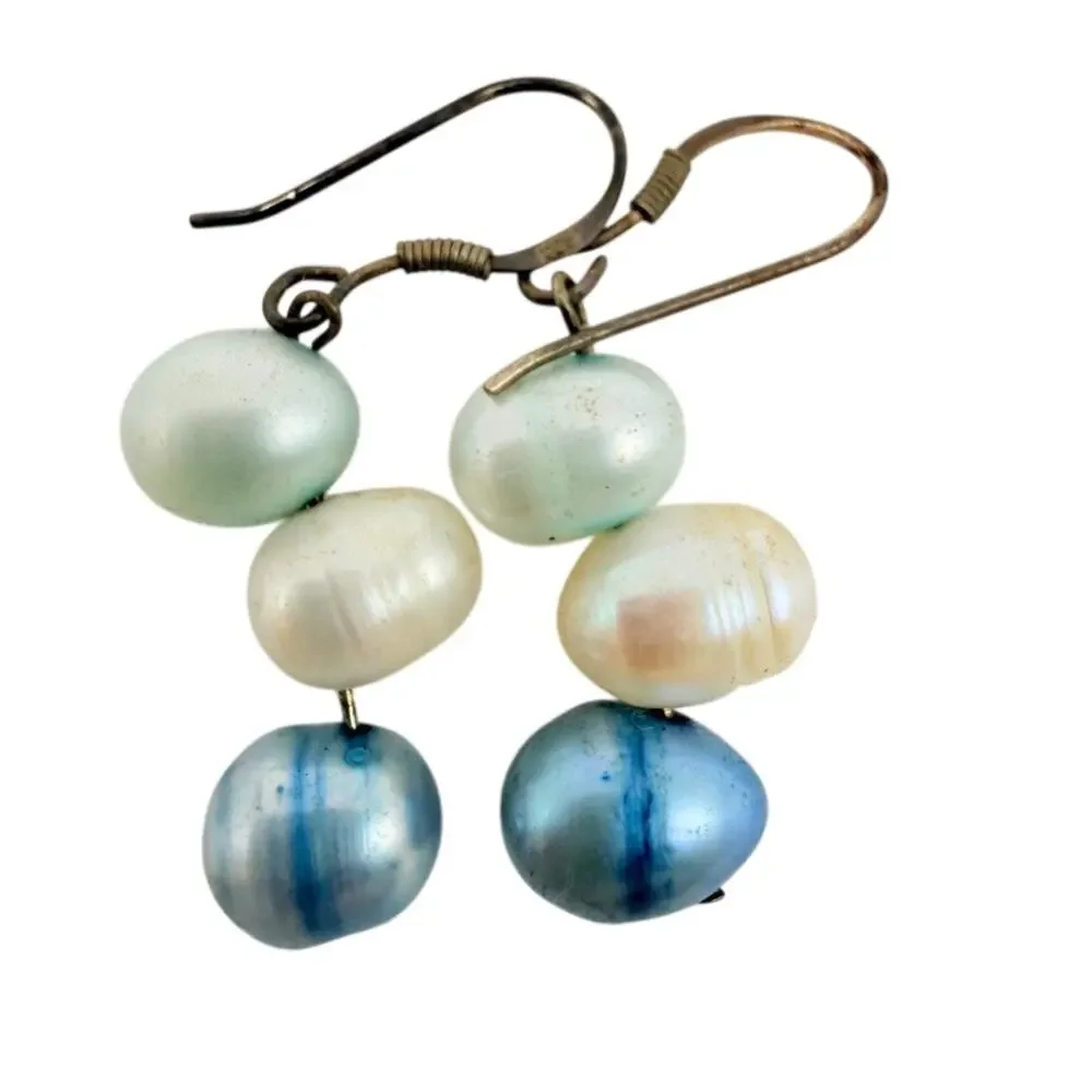 Lot 4 Vtg Pearl Earrings 925 Sterling Silver Beaded Dangle Drop White Pink Blue